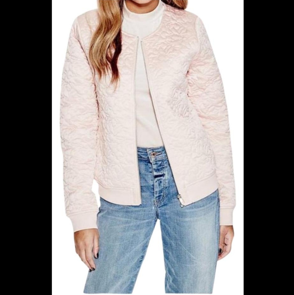Guess Kinley pink quilted bomber jacket